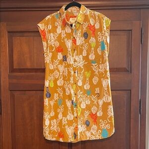 Maeve Mustard Botanical Button-Front Tunic with Multicolor Motifs